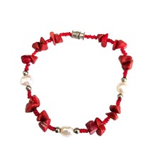 Red Coral &amp; Freshwater Pearl Beaded Bracelet - £18.94 GBP