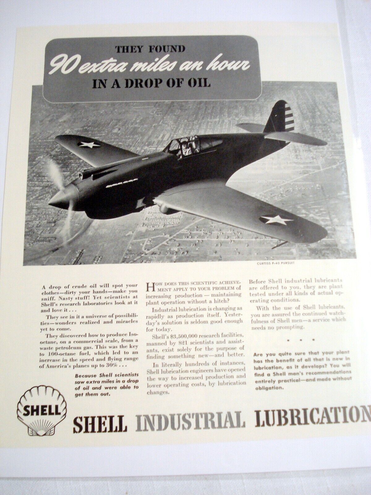 1941 Ad Shell Industrial Lubrication Curtiss P-40 Pursuit Pictured - $9.99