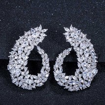 Sparking Cubic Zirconia Silver Color Women Big Flower Hoop Earrings for Brides W - £20.63 GBP