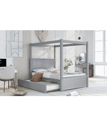 Wood Canopy Bed With Trundle Bed ,Full Size Canopy Platform Bed - Brushe... - £327.16 GBP