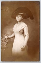 RPPC Beautiful Victorian Woman Fitted Dress Large Hat Real Photo Postcard I21 - £12.49 GBP