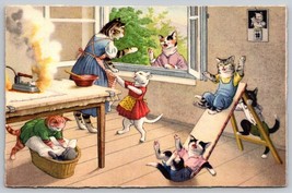 Vintage anthropomorphic cat kitties house mom children playing naughty P... - £12.54 GBP