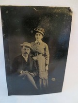 PHOTO Tin Type TINTYPE Photograph Couple Man Pipe Smoking Woman Cross Jewelry - £79.75 GBP
