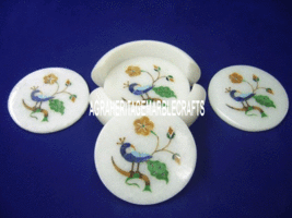 White Marble Coaster Set Peacock Marquetry Arts Inlay Mosaic Decor Kitch... - $153.25