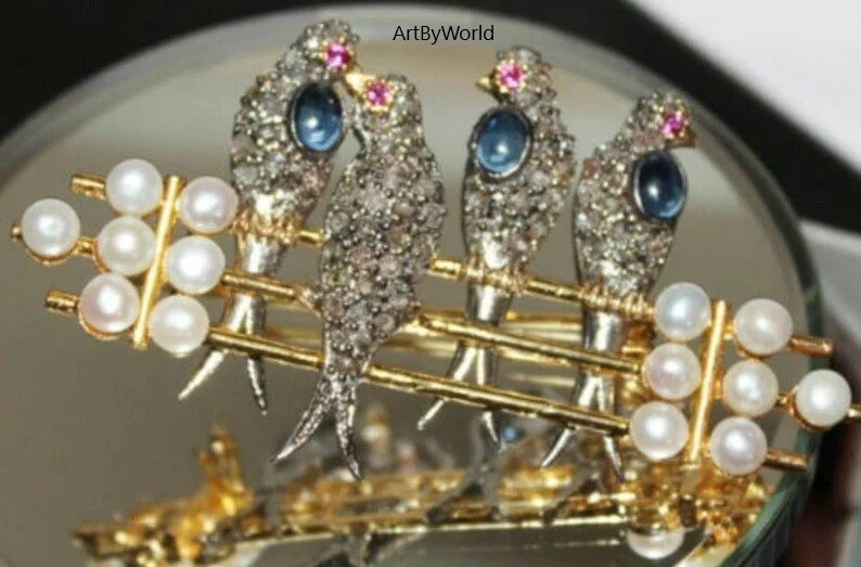 Antique Rose Cut Diamond Pearl Ruby and Blue Sapphire Bird Brooch Item image 5