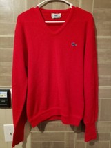 Izod Lacoste Medium V-Neck Red Acrylic Sweater With Blue Alligator Vintage - £15.94 GBP