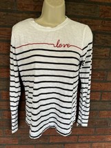 Loft Striped Long Sleeve T-Shirt Small Red Cursive Love Top Blouse 100% Cotton - £13.06 GBP