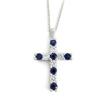 Blue Sapphire Diamond Gemstone Cross Pendant Necklace 14K White Gold, 2.15 CTW - £2,167.52 GBP