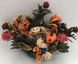 Vintage artifcial fake fall flower centerpiece with scarecrow and pumpkin - $21.73