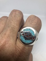 Vintage Large Silver American Southwestern Real Turquoise Inlay Stone 9.75 Ring - £23.61 GBP