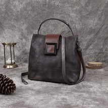 Retro Leather Bucket Bag Women Shoulder Bag Handwork Vintage Ladies Natural Leat - £95.88 GBP