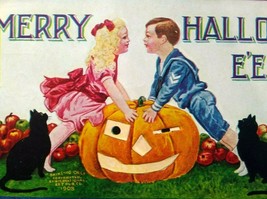 Halloween Postcard International Arts Sailor Boy Girl Black Cats Embossed 1908 - £23.17 GBP