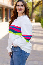 White Plus Size Colorful Striped Drop Shoulder Loose Sweatshirt - $30.64