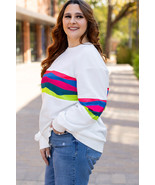 White Plus Size Colorful Striped Drop Shoulder Loose Sweatshirt - $565.17 MXN