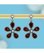 9K Gold Natural Pearl and Garnet Vintage Style Floral Earrings - $450.00