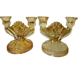 Depression Carnival Glass Iris Marigold Double Candlestick Holders Vintage Set 2 - £24.78 GBP