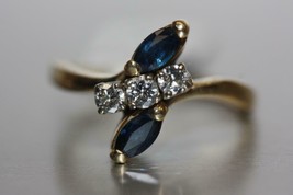 Fine 14K Yellow Gold Natural Marquise Shaped Blue Sapphire Diamond Ring SZ 5.75 - £216.70 GBP