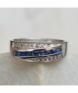 Genuine Blue Sapphire Pave Diamond 925 Silver Stacking Ring Jewelry Gift For her - $165.49