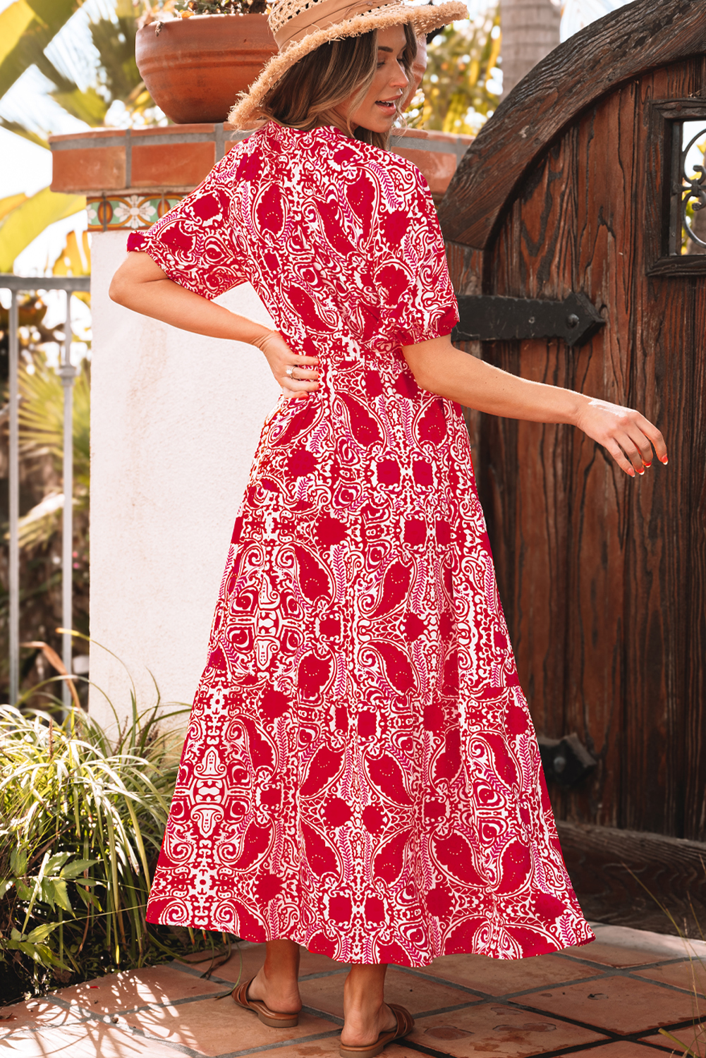 Red Paisley Print Side Slit Puff Sleeve High Waist Maxi Dress Item image 2