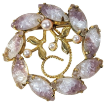 Lavender Swirl Brooch Molded Glass Faux Pearls Prong Set Gold-Tone Metal... - $24.97