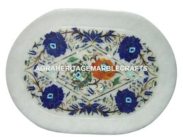 12&quot;x9&quot; White Marble Tray Pitradura Lapis Pauashell Inlay Art Kitchen Gif... - £262.76 GBP