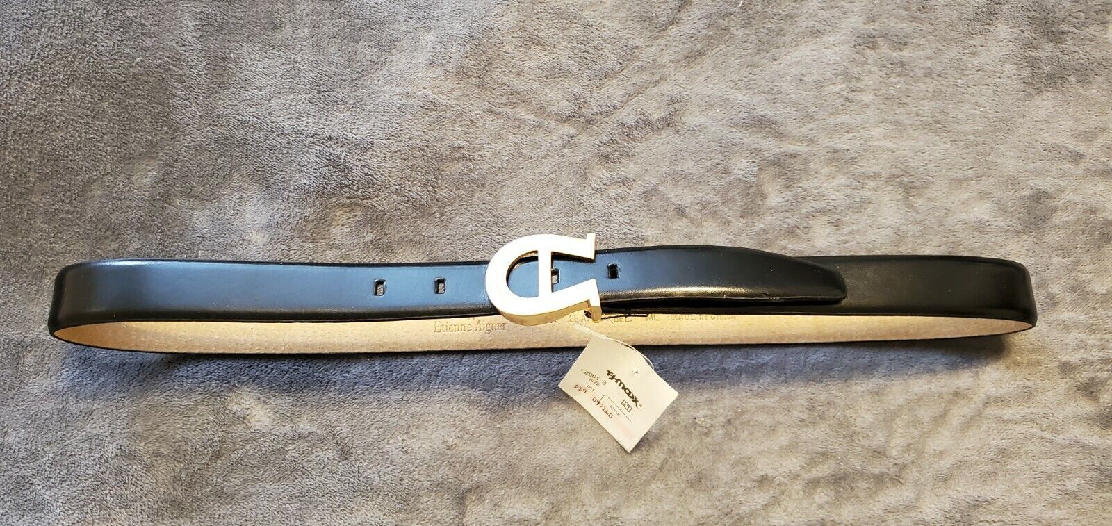 VINTAGE BLACK ETIENNE AIGNER LEATHER BUCKLE BELT GOLD TONE LOGO - NWT - $30.00