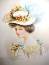 Victorian Art Print Lovely Lady In Flower Feather Hat Lithograph 1908 Original - £23.53 GBP