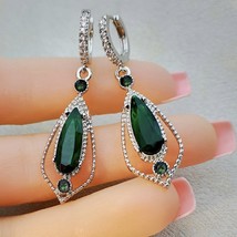 925 Silver Plated Luxury Emerald Dangle Drop Earrings for Women - £9.58 GBP