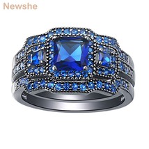 3 Pcs Black Wedding Ring Set For Women Engagement Rings Blue Princess Cut AAAAA  - £38.17 GBP