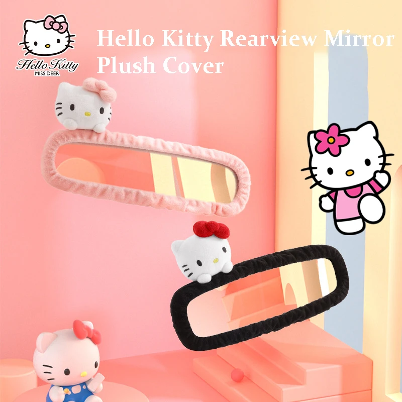 Sanrioed Anime Hello Kitty Kawaii Car Rearview Mirror Plush Cover Cartoon Cat - £12.16 GBP