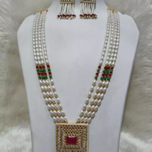 Indian Bollywood Gold Plated Kundan Bridal Long Pearl Necklace Jewelry Set - $27.63