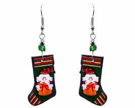 Santa Stocking Christmas Themed Graphic Dangle Earrings - Womens Fashion Handmad - £11.83 GBP