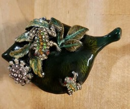 Bejeweled Frogs Enamel Leaf Hinged Trinket Box - $34.55