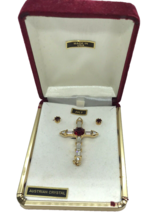 Vtg Brooch Earrings PSCO Austrian Crystal Rhines Red July Cross USA 97 C... - $39.59