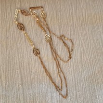Estate Long Dainty Goldtone Open Chain with Faux Pearl Beads &amp; Oval Medallions  - £9.74 GBP