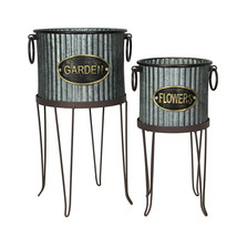 Set of 2 Rustic Corrugated Galvanized Gray Metal Round Planters with Stands - £62.57 GBP