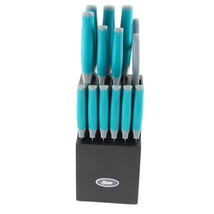 Oster Lindbergh 14 Piece Stainless Steel Cutlery Set in Teal with Wooden Block - $130.40 CAD