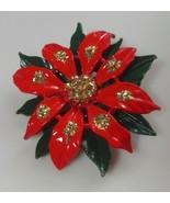 Vintage Red/Green Enamel Metal Christmas Poinsettia Flower Brooch/Pin - $26.08 CAD