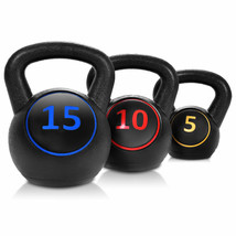 Home Gym 3 Pcs Vinyl Kettlebell Kit Body Muscles Training Weights 5 10 15lbs Set - £71.44 GBP