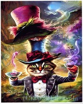 mad hatter cat in wonderland -fantasy original art - fairytale surreal 8x10&quot; - £12.78 GBP