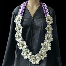 Graduation Money Lei Flower Purple White Extra Long Four Braided Ribbons - $89.05