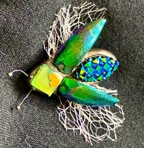 Thai Handcrafted Green Elytra Beetle Pin Brooch &amp; Necklace Real Beetle W... - $42.56