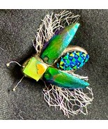 Thai Handcrafted Green Elytra Beetle Pin Brooch &amp; Necklace Real Beetle W... - $783.24 MXN
