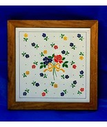 Vintage Trivet wood framed white tile flowers decorated in blue red yell... - £4.31 GBP