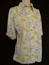 Vintage Vera Neuman Daisy Print Blouse L Short Sleeve Button Floral Yellow Nylon - £31.69 GBP