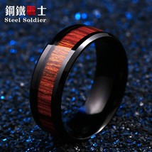 Steel soldier black ring with dark red wood inlay inside ring men unique fashion - £8.62 GBP