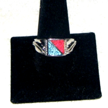 Vintage Stainless Steel Ring Turquoise Gemstone and Red Coral Inlay Ring Size 11 - £15.25 GBP