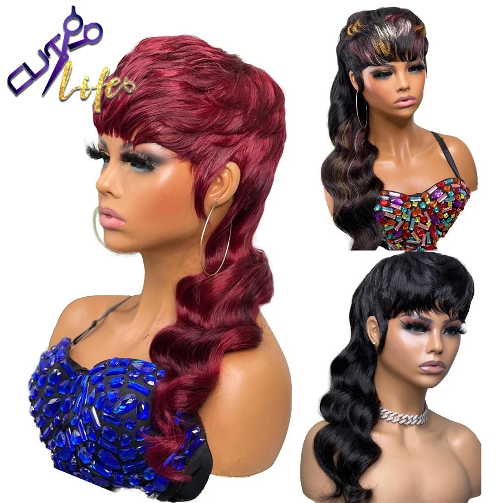 Mullet Wig Highlight Full Machine Made Wig With Bangs Glueless Brazilian Human - £40.63 GBP+