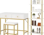 35.4&quot; Desk With 2 Drawers And 5-Tier Modern Ladder Shelf, White And Gold - £272.58 GBP