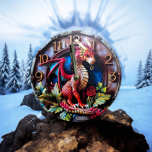 &quot;Vibrant Red Dragon Wall Clock with Roses - 2D Fantasy Art Clock for Home and Ga - $20.99